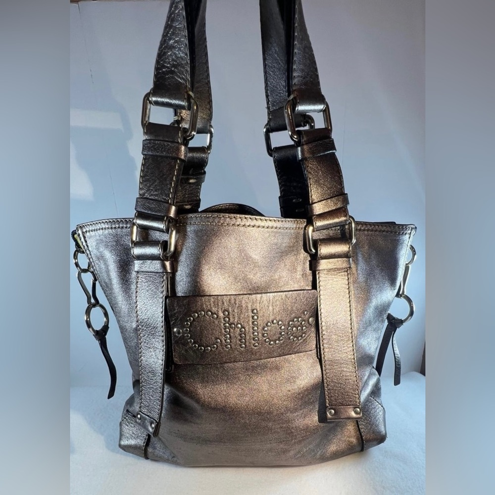 CHLOE Metallic Silver Patsy Tote Bag Studded Logo Lamb leather Rare Preloved